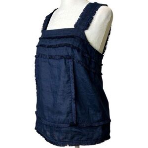 J. Crew Women’s 100%  Linen Top  Sleeveless Fringe Trim Deep Navy Blue